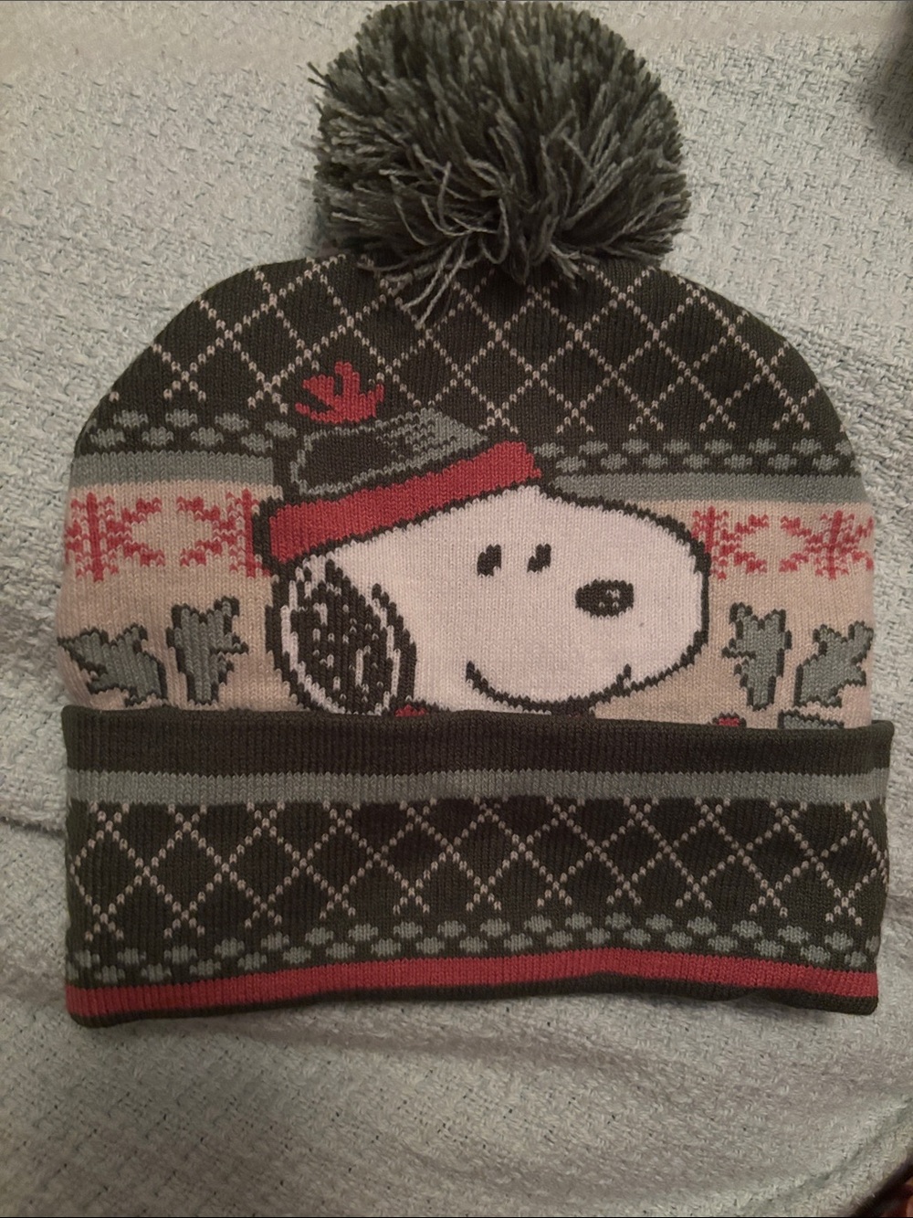 Snoopy Kids Knit Pom-Pom Beanie Hat - Green/Red